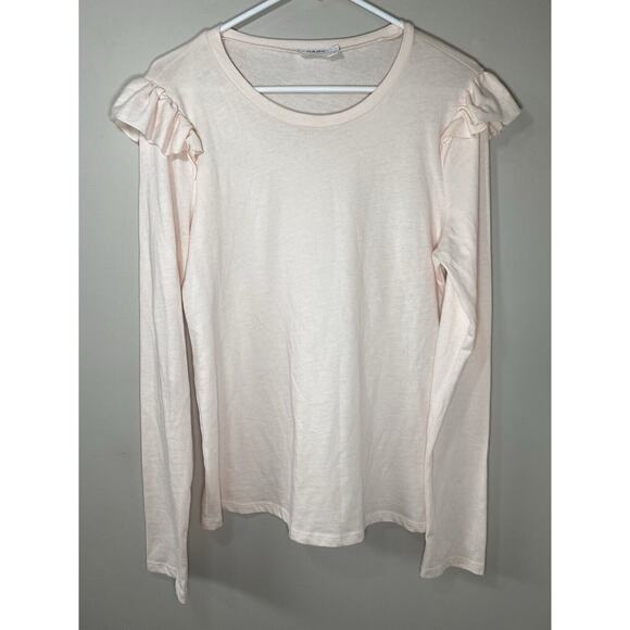 FRAME Denim Top Light Pink Ruffle Shoulder‎ Crew Neck Long Sleeve Tee Casual - Picture 1 of 7